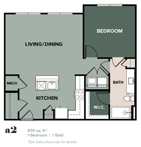 Floor plan for 1 bed, 1 bath, 830 sqft