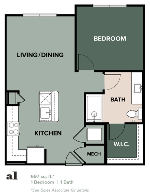 Floor plan for 1 bed, 1 bath, 697 sqft