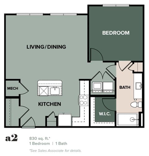 Floor plan for 1 bed, 1 bath, 830 sqft