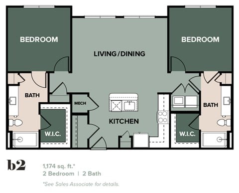 Floor plan for 2 beds, 2 baths, 1174 sqft