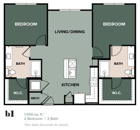 Floor plan for 2 beds, 2 baths, 1056 sqft
