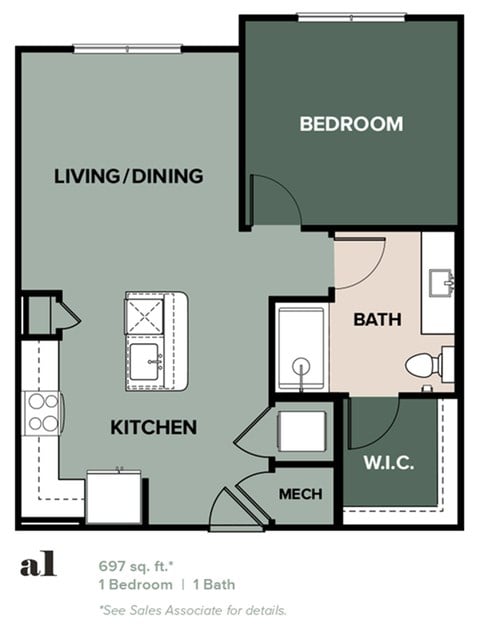 Floor plan for 1 bed, 1 bath, 697 sqft