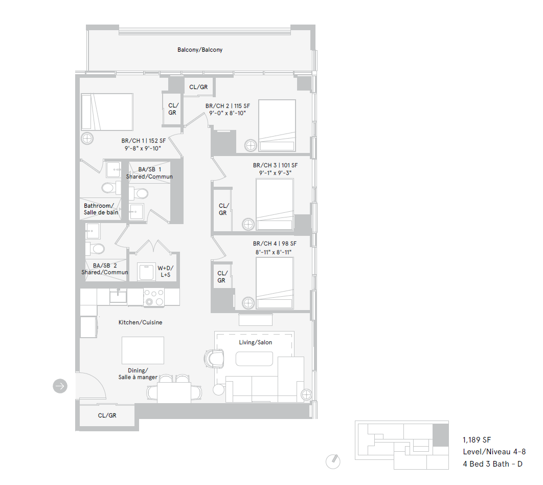 Floor plan for 4 beds, 3 baths, 333 sqft