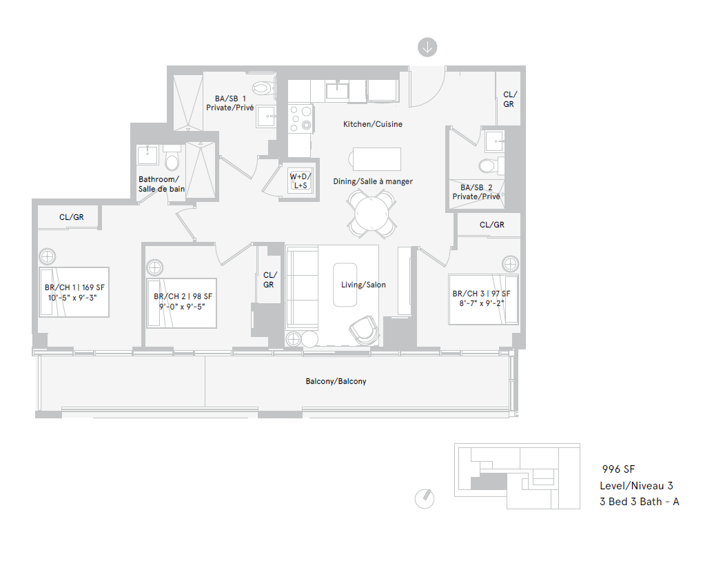 Floor plan for 3 beds, 3 baths, 309 sqft