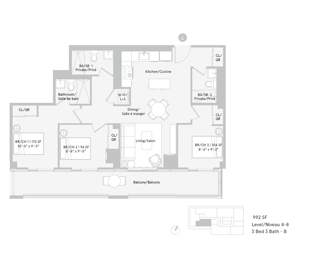 Floor plan for 3 beds, 3 baths, 378 sqft