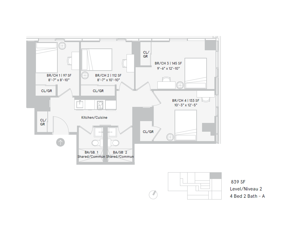 Floor plan for 4 beds, 2 baths, 321 sqft