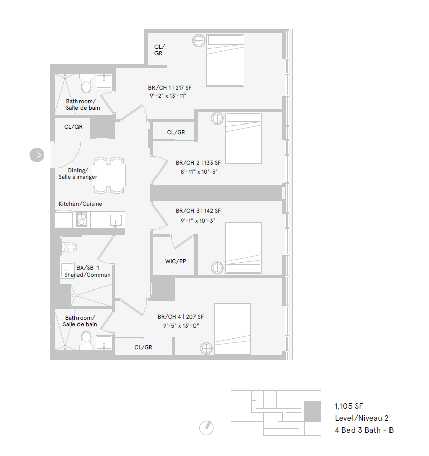 Floor plan for 4 beds, 3 baths, 244 sqft