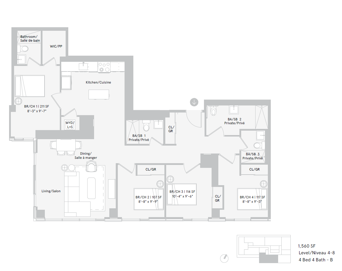 Floor plan for 4 beds, 4 baths, 464 sqft