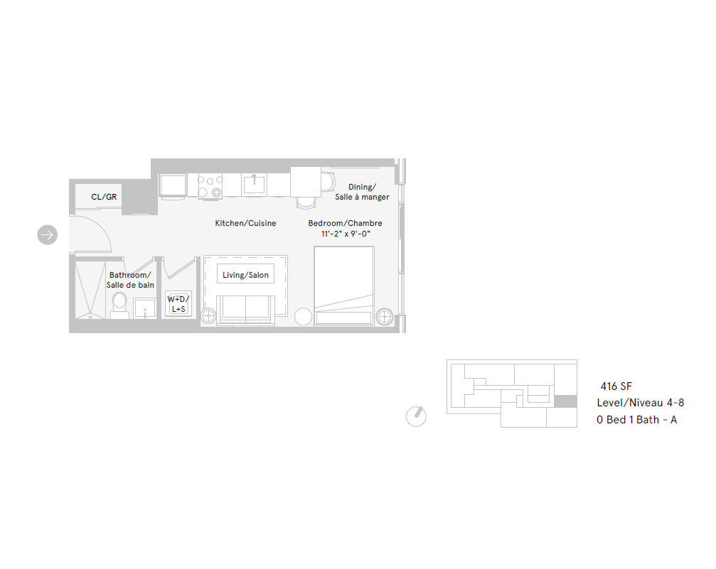 Floor plan for studio, 1 bath, 416 sqft