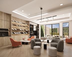 Long Island City apartment for rent - a living room with chairs and tables and a large window