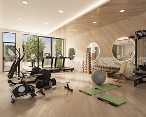 Long Island City apartment for rent - a gym with weights and exercise balls and a couch