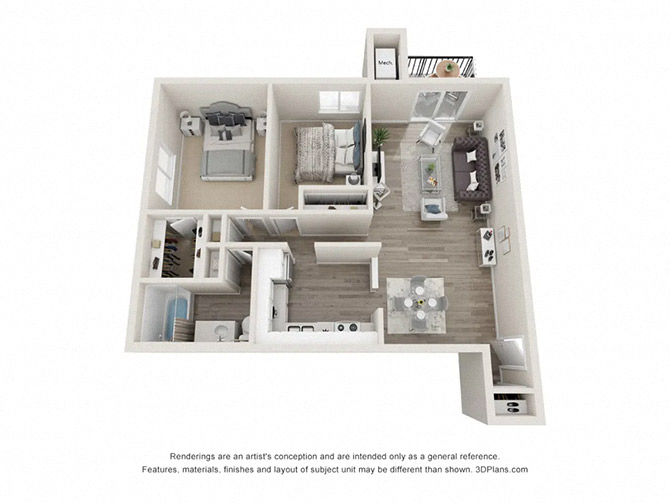 Floor plan for 2 beds, 1 bath, 1030 sqft