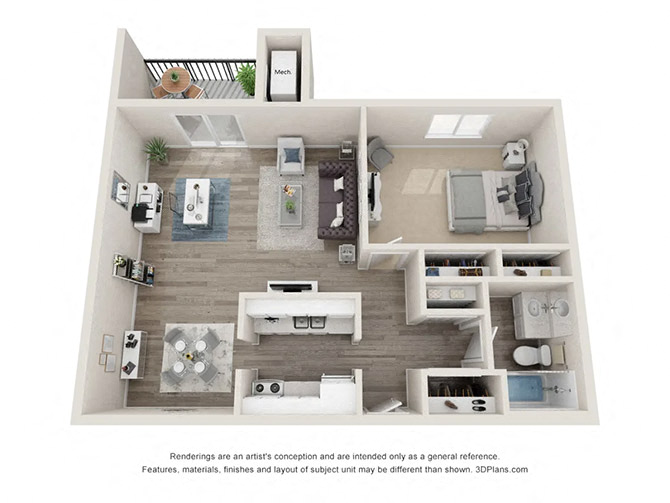 Floor plan for 1 bed, 1 bath, 765 sqft