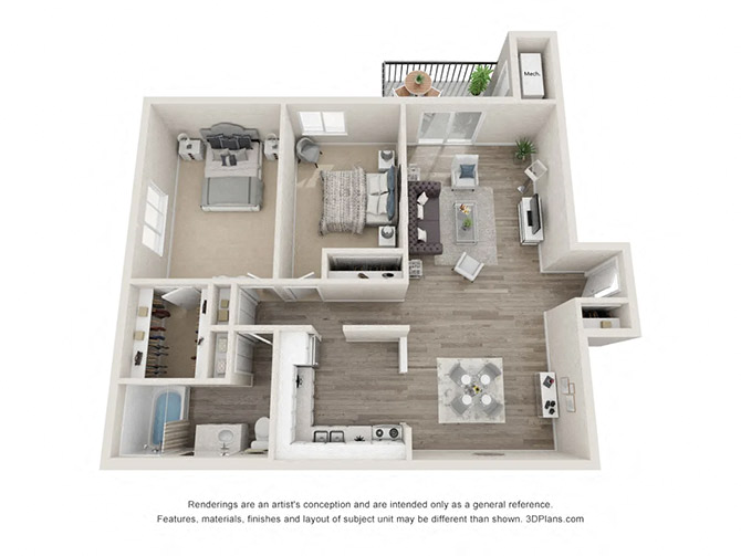 Floor plan for 2 beds, 1 bath, 948 sqft