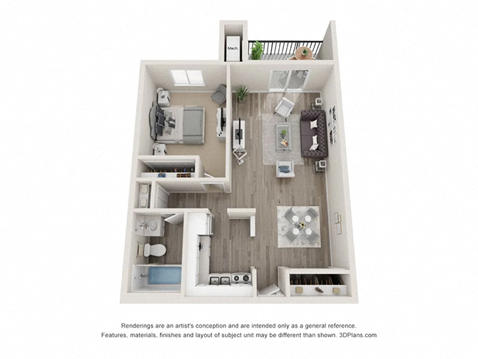 Floor plan for 1 bed, 1 bath, 760 sqft