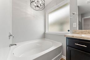 Southport house for rent - a bathroom with a tub and a sink and a mirror