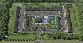 Patchogue apartment for rent - an aerial view of a parking lot and street layouts of buildings