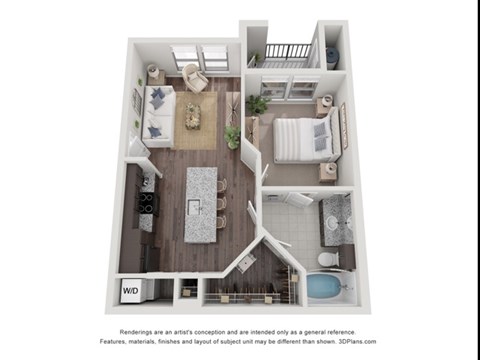 Floor plan for 1 bed, 1 bath, 628 sqft