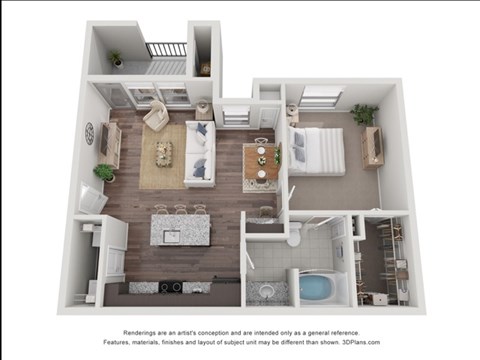 Floor plan for 1 bed, 1 bath, 734 sqft