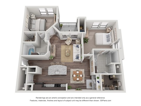 Floor plan for 2 beds, 2 baths, 1033 sqft