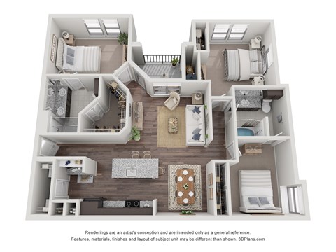 Floor plan for 3 beds, 2 baths, 1273 sqft