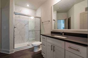 Montgomery apartment for rent - A bathroom with a marble shower and a toilet.