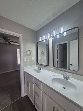 Oak Grove house for rent - A bathroom with a white sink and a mirror with lights on it.