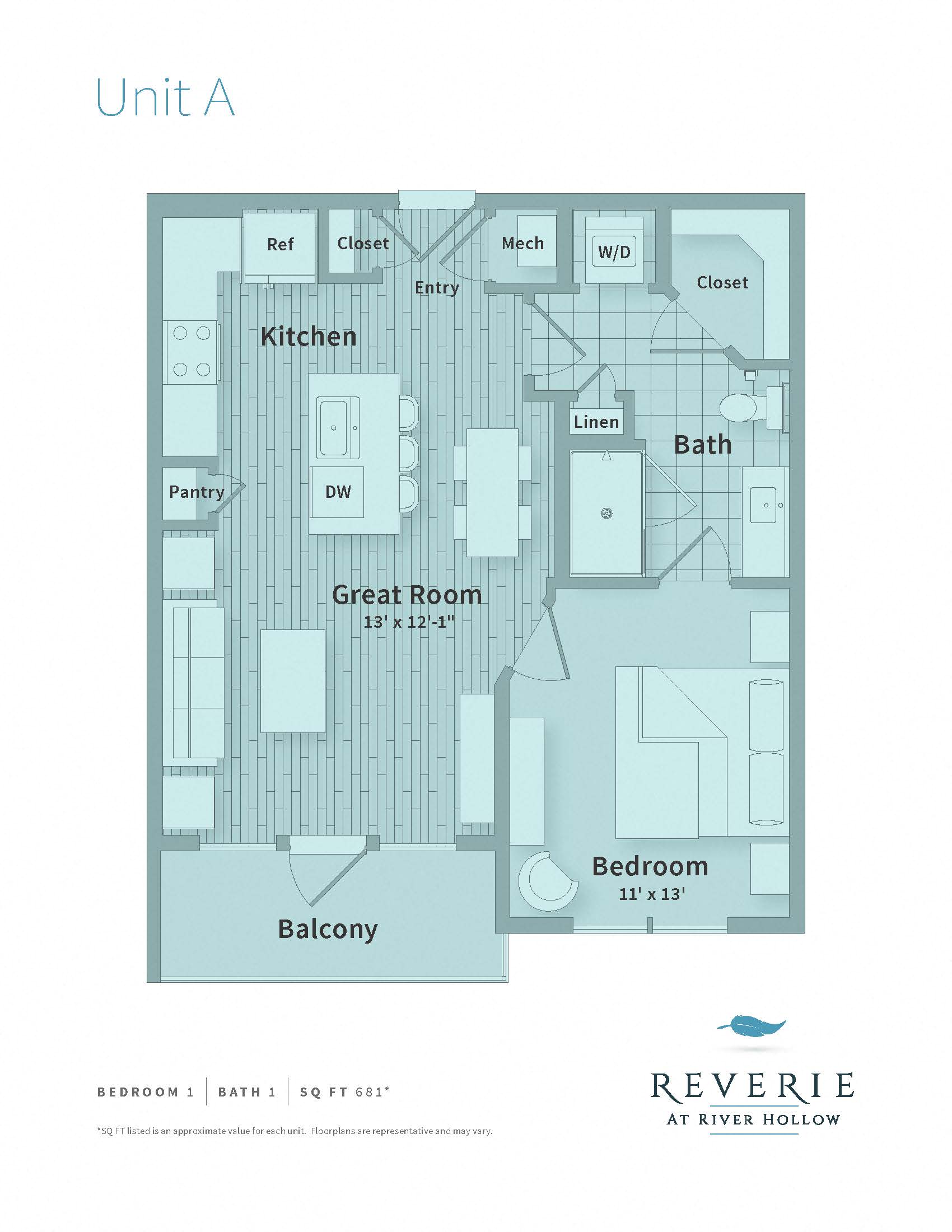 Floor plan for 1 bed, 1 bath, 681 sqft