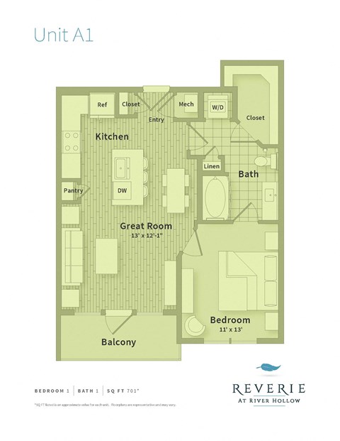 Floor plan for 1 bed, 1 bath, 701 sqft