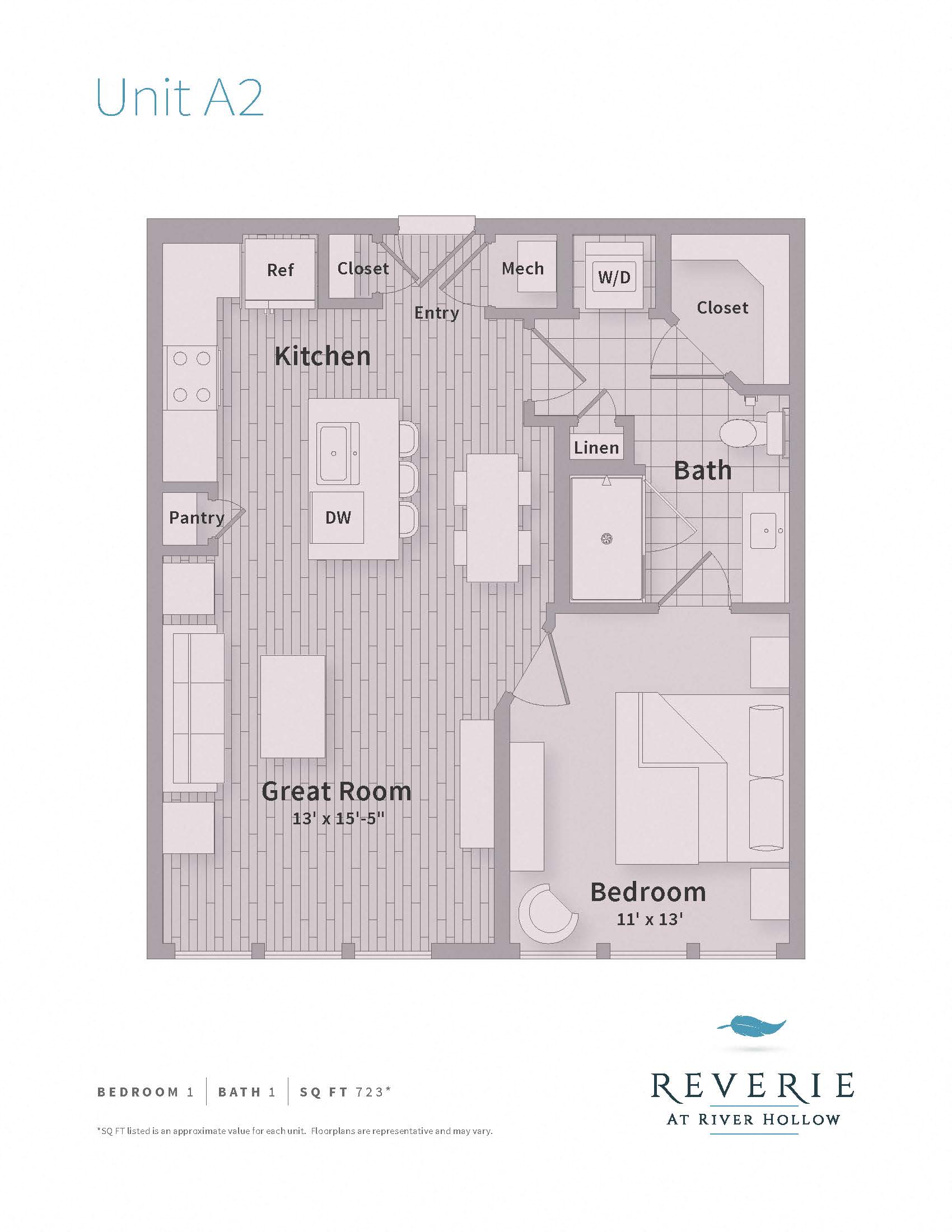Floor plan for 1 bed, 1 bath, 723 sqft