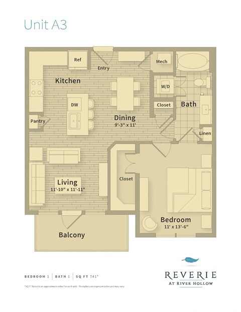 Floor plan for 1 bed, 1 bath, 741 sqft
