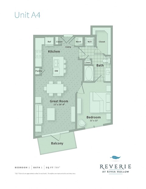 Floor plan for 1 bed, 1 bath, 799 sqft