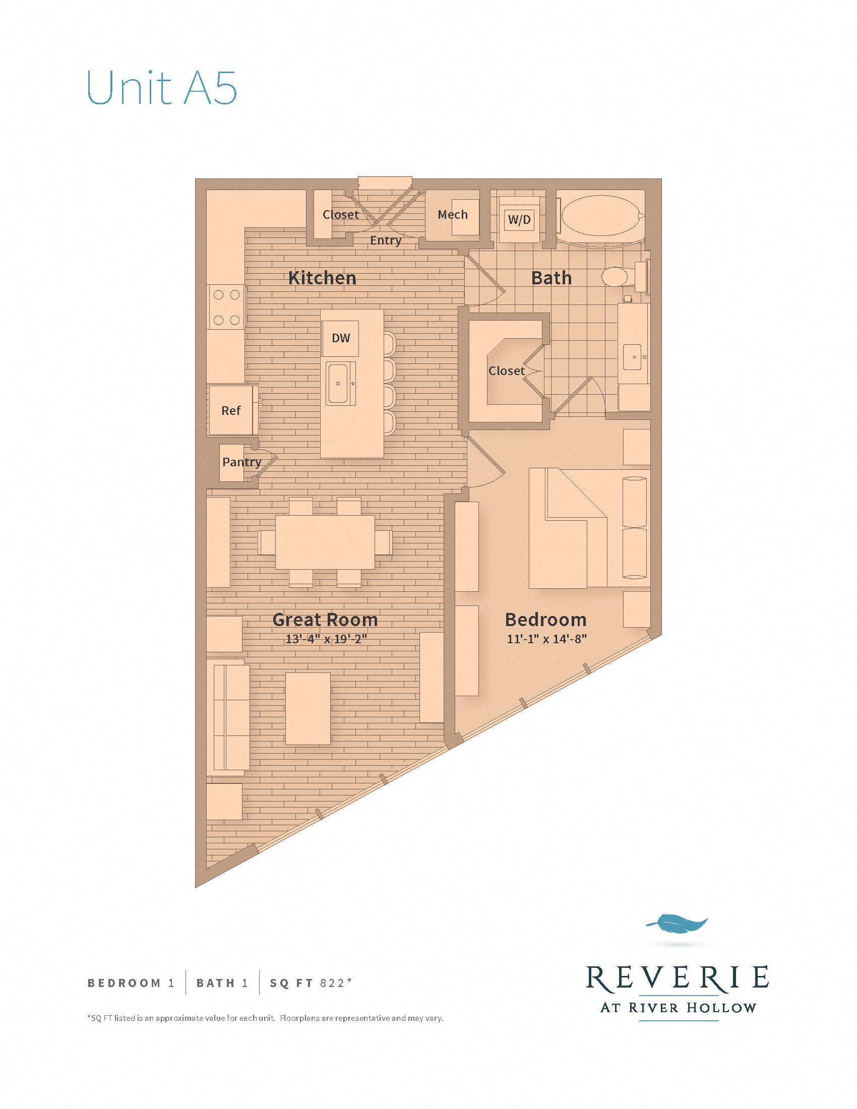 Floor plan for 1 bed, 1 bath, 822 sqft