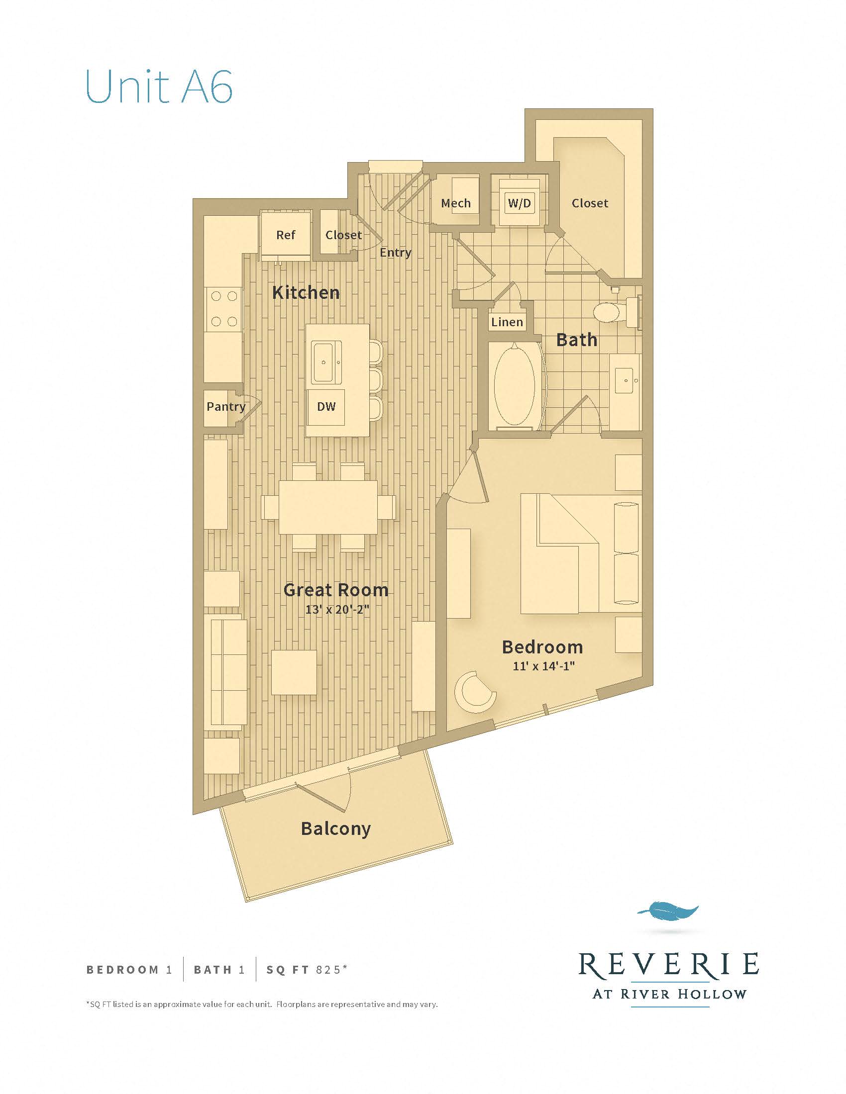 Floor plan for 1 bed, 1 bath, 825 sqft