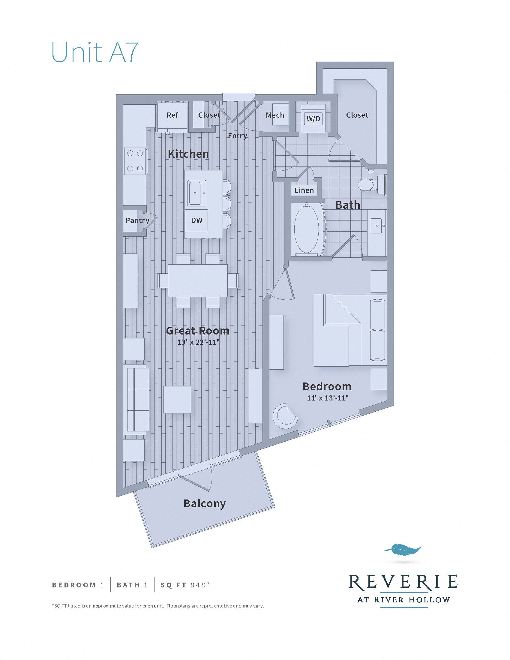 Floor plan for 1 bed, 1 bath, 848 sqft