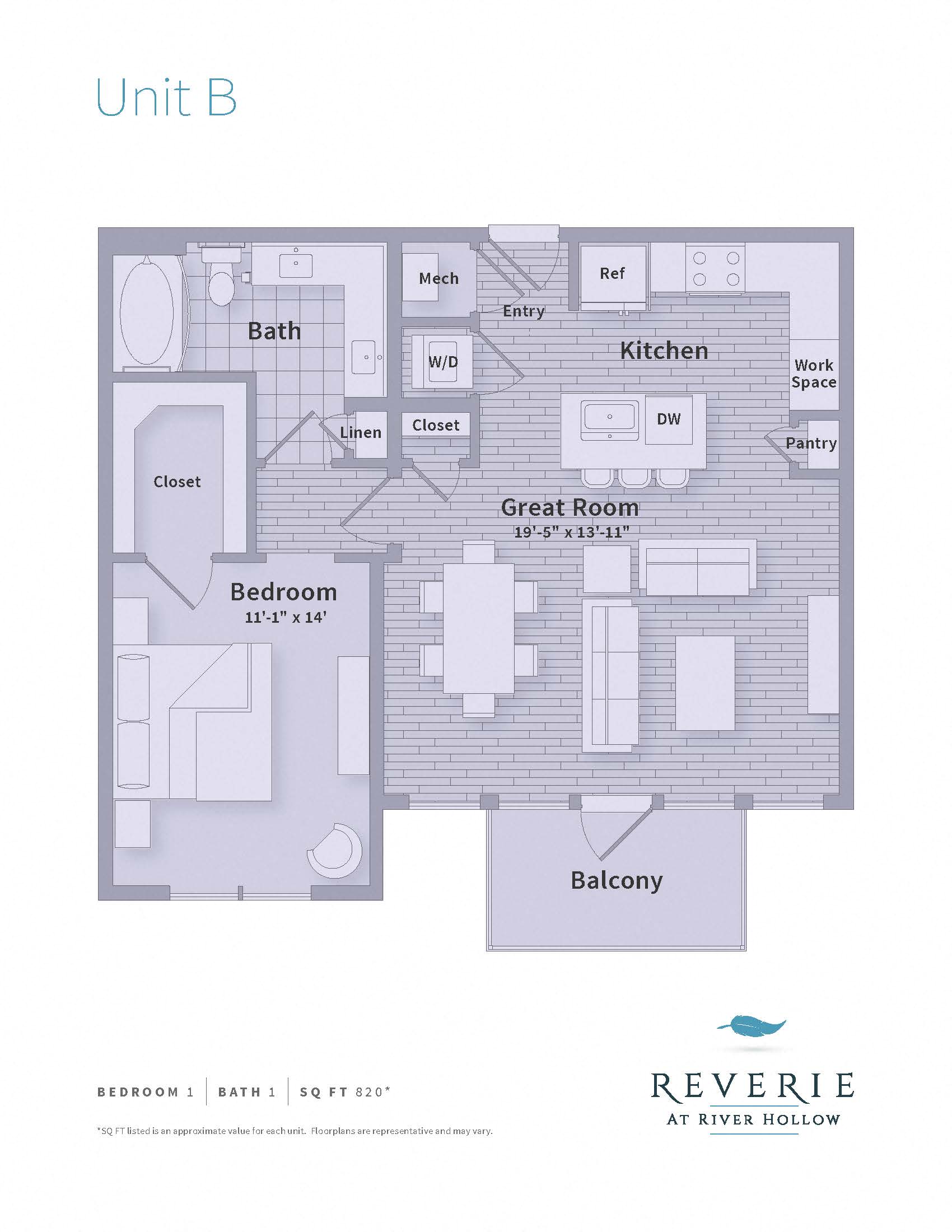 Floor plan for 1 bed, 1 bath, 820 sqft
