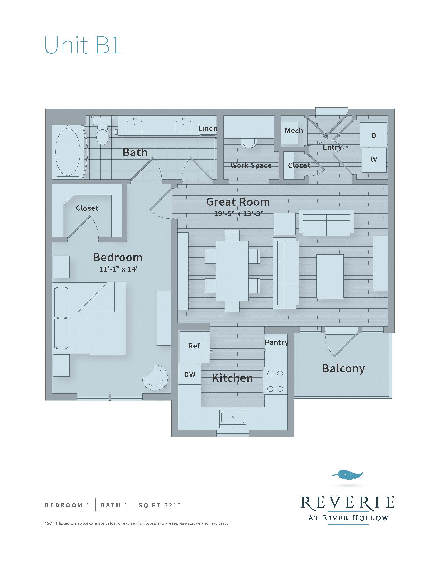 Floor plan for 1 bed, 1 bath, 821 sqft