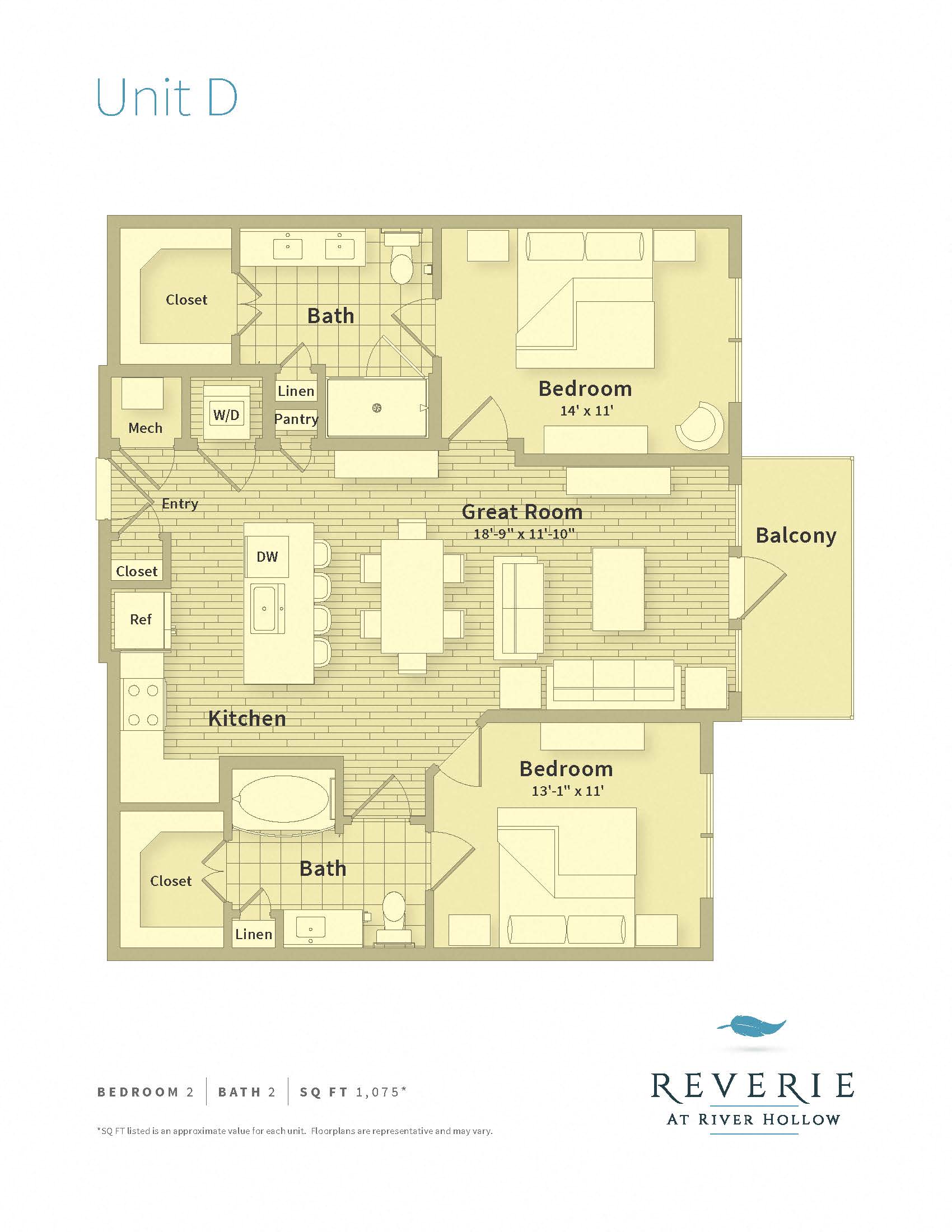 Floor plan for 2 beds, 2 baths, 1075 sqft