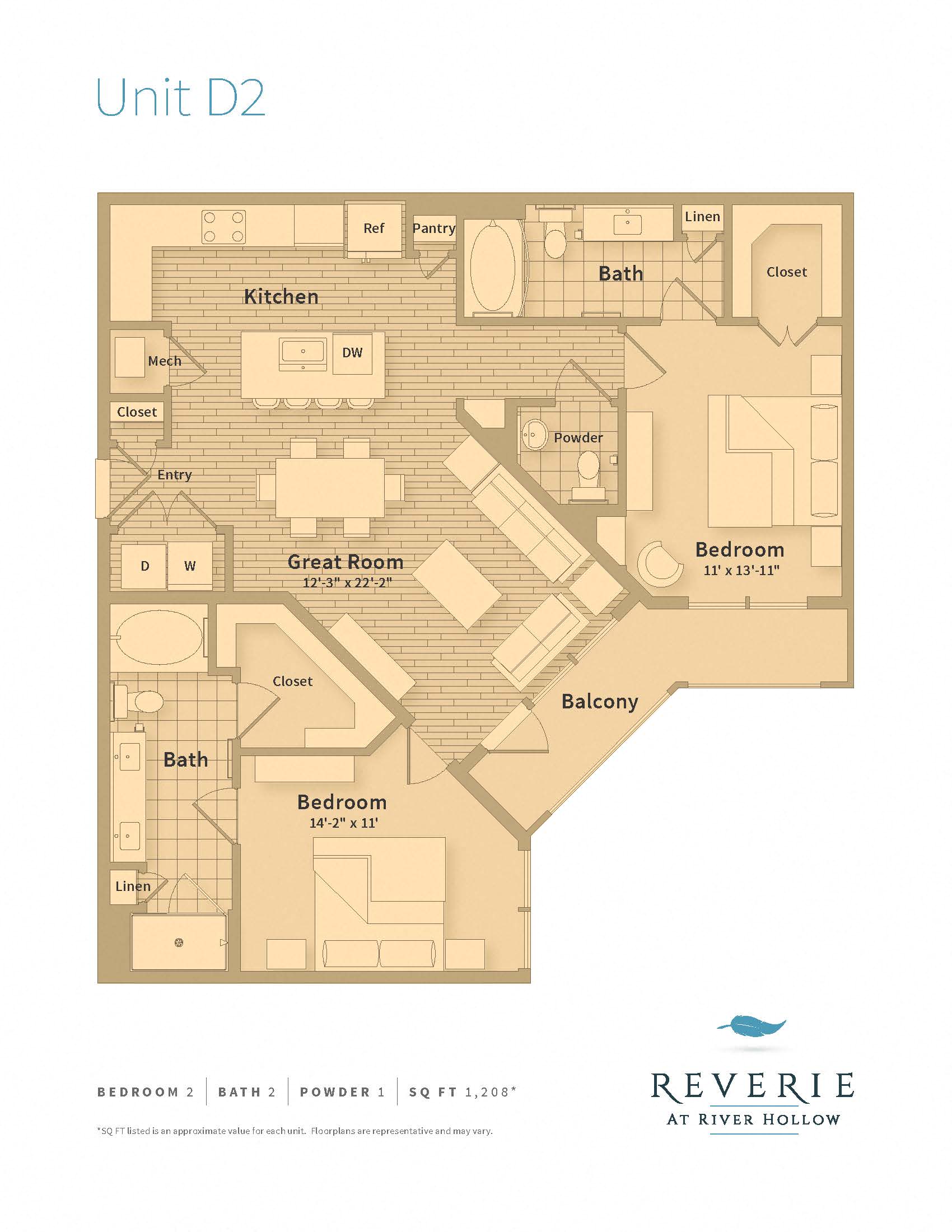 Floor plan for 2 beds, 2.5 baths, 1208 sqft