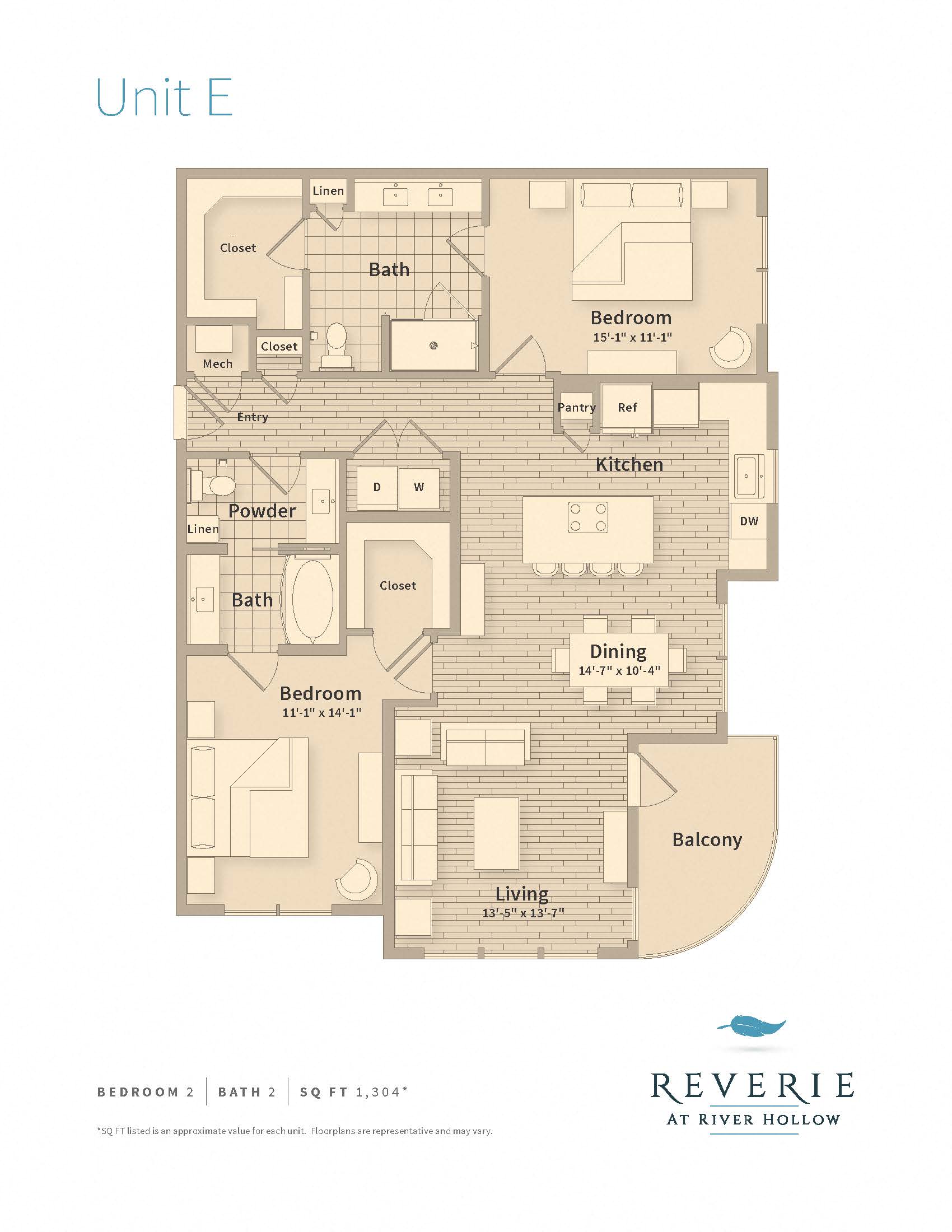 Floor plan for 2 beds, 2.5 baths, 1304 sqft
