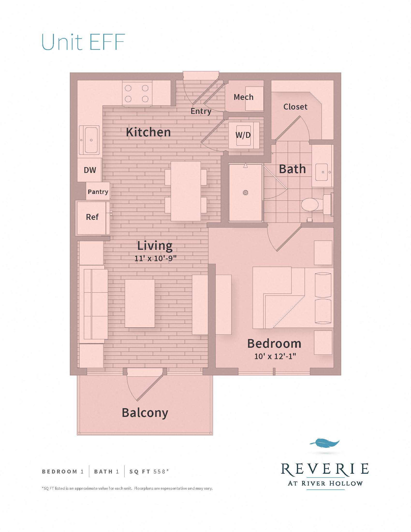 Floor plan for 1 bed, 1 bath, 558 sqft