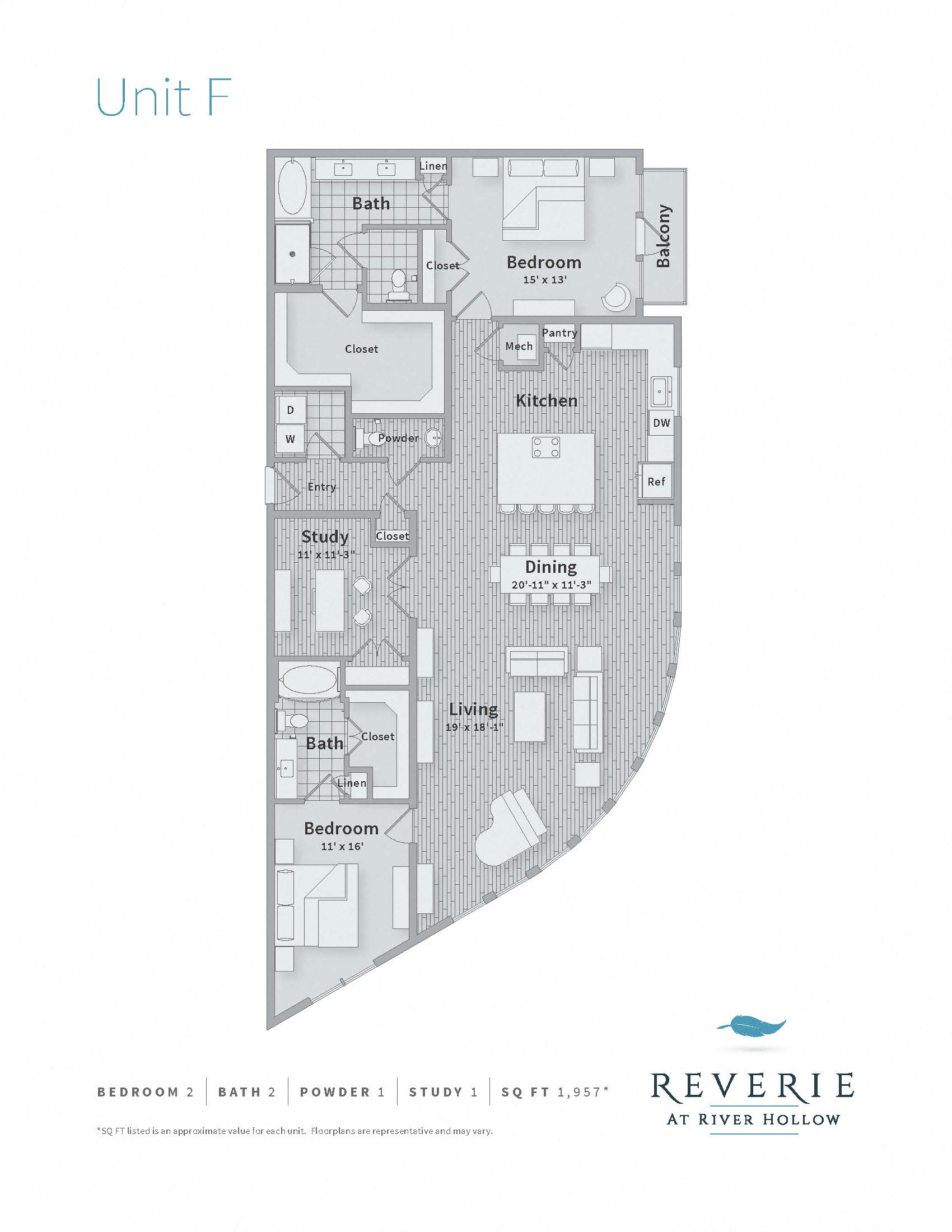Floor plan for 2 beds, 2.5 baths, 1957 sqft