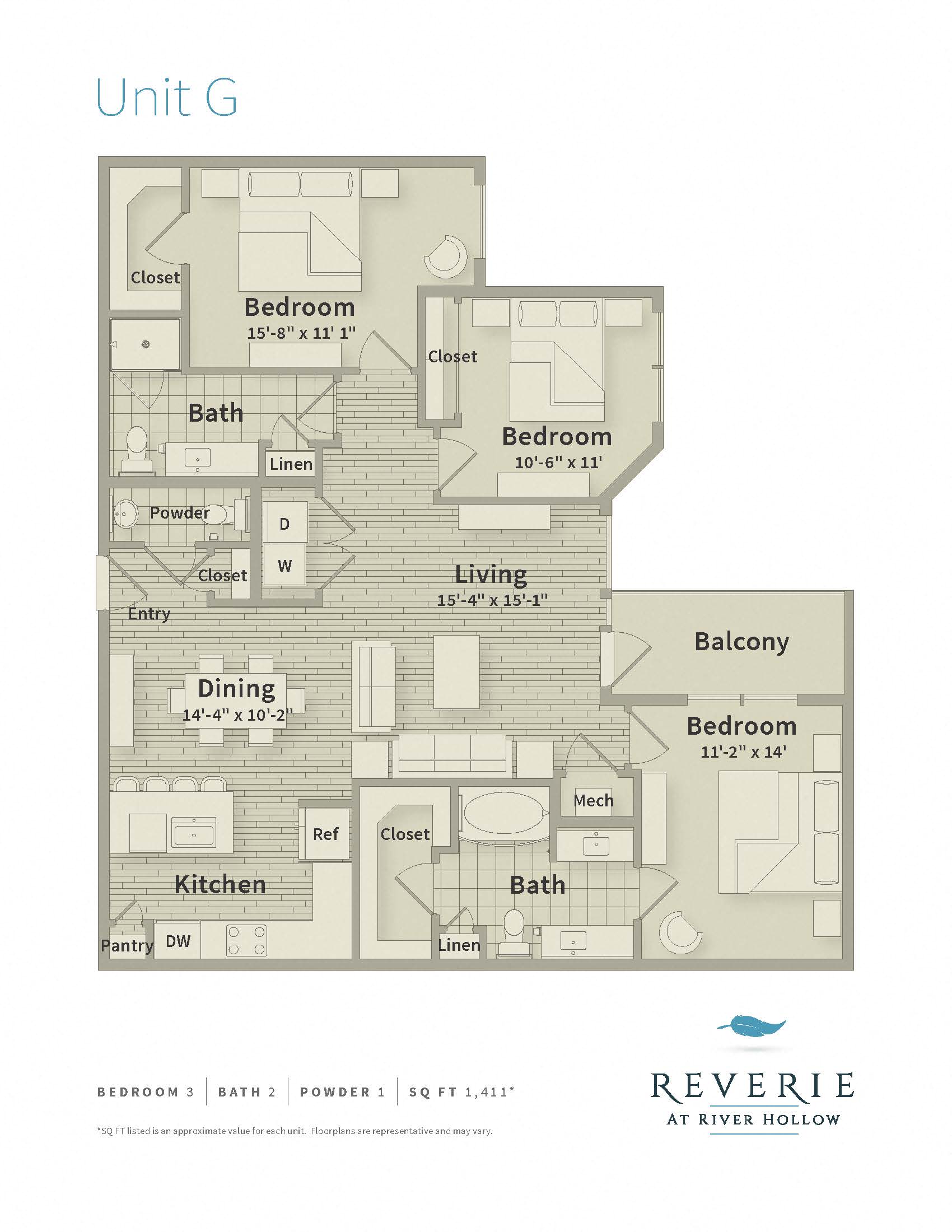 Floor plan for 3 beds, 2.5 baths, 1411 sqft