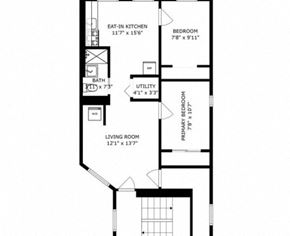 Chicago apartment for rent - A floor plan of a house with a living room, two bedrooms, a bathroom, and a utility space.