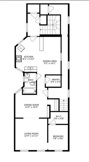 Chicago apartment for rent - A floor plan of a house with a kitchen, dining area, pantry, bathroom, living room, and two bedrooms.
