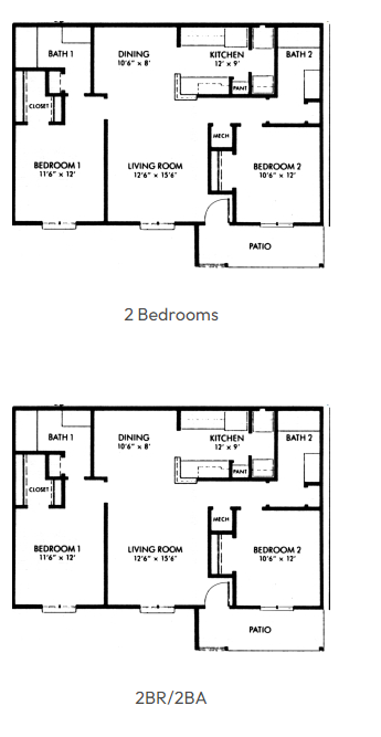 Floor plan for 2 beds, 2 baths