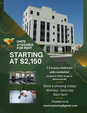 Richmond Hill apartment for rent - A real estate advertisement for a building called Picasso Flats, offering units for rent starting at $2,150.