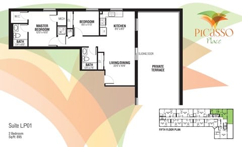 Floor plan for 2 beds, 2 baths, 895 sqft
