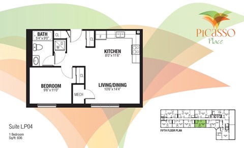 Floor plan for 1 bed, 1 bath, 606 sqft
