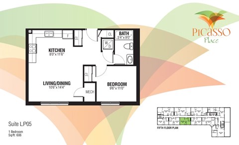 Floor plan for 1 bed, 1 bath, 606 sqft